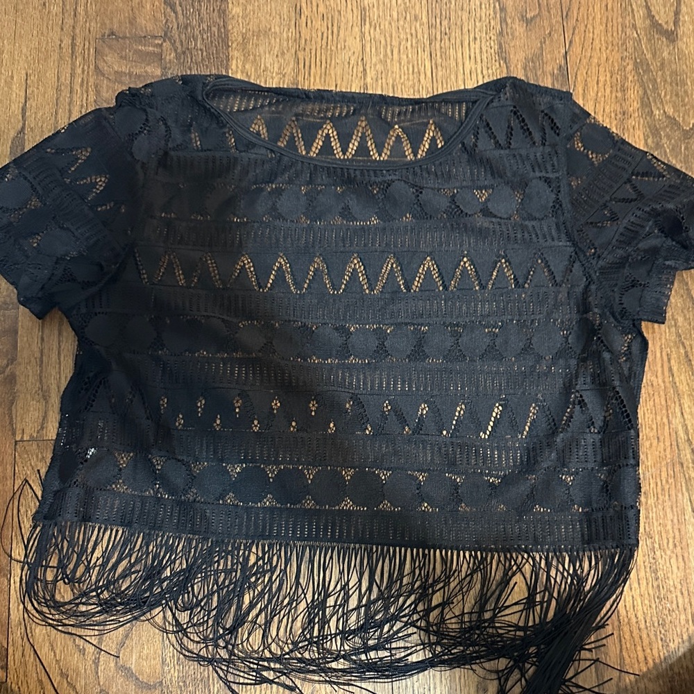 Black Lace Fringe Short Sleeve Crop Top